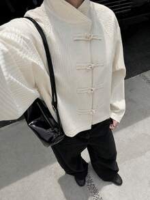 Spring Autumn Winter Minimalist Elegant Women's New Chinese Style Short Jacket, Stand Collar Asymmetric Front Closure With Frog Buttons, Vertical Striped Textured Raglan Sleeve Loose Top, Suitable For Chinese Style Store Visits, Travel, Dating, Vacation And Daily Wear - White - View 1