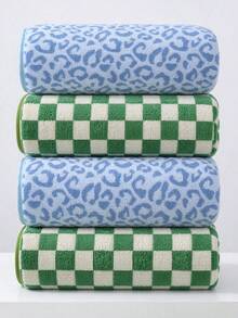 10pcs Fashion Leopard Print & Checkerboard Pattern Towel Set, Green & Blue, Thick Soft Absorbent Lint-Free, Home Bathroom Shower Guest Multi-Purpose Towel Combination - Blue + Green - View 9
