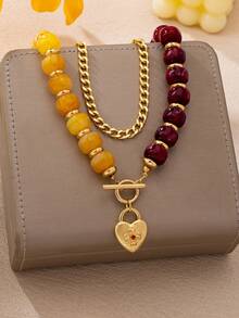 OABE 1pc Bohemian Style Burgundy And Orange Beaded Contrast Design With Metal Chain And Lock Pendant Multi-Layer Necklace For Women, Suitable For Daily Wear - Multicolor - View 4