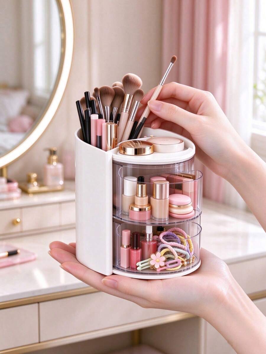 Double Layer Rotating Makeup Organizer, Transparent Desktop Divided Storage Box, Can Store Lipstick, Powder, Makeup Brushes, Skincare And Makeup All-In-One Storage Container, Vanity Desktop Clutter Organizer - Multicolor - View 1