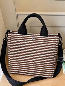 1pc Brown Plaid Stripe Diamond Quilted Tote Bag,Snap Button,Detachable Crossbody Strap,Large Capacity Multi-Use Shoulder Bag For Daily,Travel,Work - Multicolor - View 8