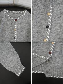 Korean Style Gentle Gray Button-Up Round Neck Long Sleeve Knit Cardigan Sweater, Loose Fit Slimming Design Outerwear Top For Women - Grey - View 9