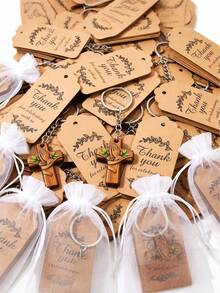 60pcs/Set Wooden Cross Keychains, Gift For Her/Him, Prayer Peace Olive Leaf Cross Design, With Organza Bag And Thank You Card, Durable Keychains, Holiday Gift Set, Party Favor Set - Multicolor - View 2