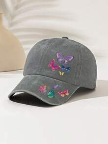 1pc Fashionable Adjustable Washed Baseball Cap, Suitable For Camping, Travel, Party And Fitness, Perfect For Various Outdoor Activities, Printed With "Butterfly" Pattern And Text, Elegant And Versatile, Great For Camping And Casual Wear, Ideal Gift For Family And Friends - Washed Cap - View 14