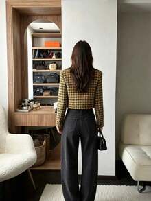 2026 Autumn/Winter New Yellow & Black Plaid Long Sleeve Crew Neck Slim Fit Houndstooth Tweed Short Jacket - Yellow - View 4