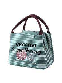 Striped Tote Bag With "Crochet Is My Therapy" Yarn And Crochet Hook Cute Pattern, Can Store Handmade Sewing Tools, Makeup, Personal Items. Multiple Fresh Striped Color Combinations, Suitable For Home, Travel Storage, Commuting For Handmade Enthusiasts. Artistic Handmade Healing Style, Perfect Practical Creative Gift For Girls Who Love Knitting, Sewing And Handicrafts - Multicolor - View 12