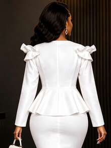 AOMEI Women White Satin Peplum Jacket Ruffle Sweetheart Neck Long Sleeve Rhinestone Button Elegant Formal Church Party Jacket - White - View 2