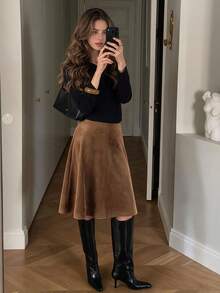 QUNGIGU Women Flared A Line Midi Skirt Suede Vintage Casual Outfits For Fall Winter Going Out Dating Daily Commuting - Brown - View 4