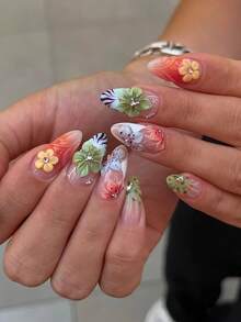 10Pcs Almond Handmade Press On Nails For Women, Fall 3D Embossed Painted Floral False Nails, Orange Green Nude Tone Flower Art Design With Sparkly Rhinestone Inlay, French Tip Fake Nails Kit For Daily Wear Dating Party Thanksgiving. - Multicolor - View 2