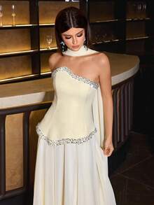 Elegant Women's Strapless Beaded Evening Gown, Asymmetric Design With Flared Hem, Perfect Ball Gown, Asymmetric 2 In 1 Design, With Flowing Ribbon, Goose Yellow Gown, Suitable For Evening Party, Banquet, Gathering - Pale Yellow - View 9