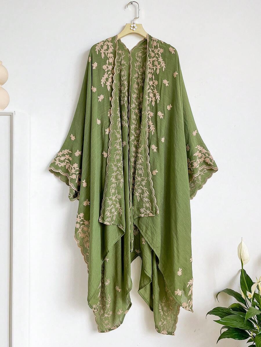 1pc Floral Embroidered Bohemian Style Kimono/Sarong, Women's Spring/Summer Beach Cover-Up, Lightweight Shawl Accessory - Green - View 1