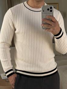 Mature Style Contrast Trim Round Neck Vertical Stripe Sweater, Soft Fitted Inner Layer Top For Men - White - View 5