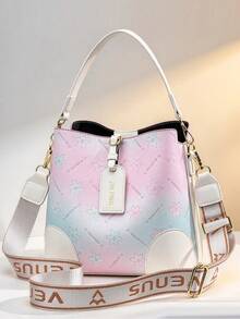 Ladies Color Block Bucket Handbag, Floral Pattern Shoulder Bag With Faux Leather Trim & Stylish Casual Design - Beige - View 13