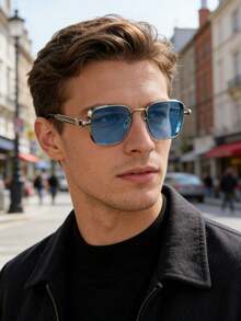 Vintage Gold Metal Frame Glasses, Unisex, Steampunk Style, Street Fashion, Suitable For Daily Wear And Driving - Ocean Blue - View 12