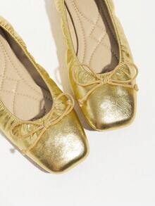 French Style Gold Bow Ballet Shoes, Shallow Square Toe Soft Sole Comfortable Shoes For Commuting And Dating, Ruched Women's Shoes - Gold - View 10