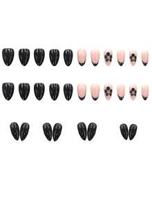 Fall, Autumn, Fall Nails/Medium-Short Almond Press-On Nails, Black & Brown Leopard Print French, 30pcs Glossy Nude Fake Nails, Gold Edge Tie Dye Floral, Reusable Full Coverage Design, Suitable For Office, Date And Party - Multicolor - View 2