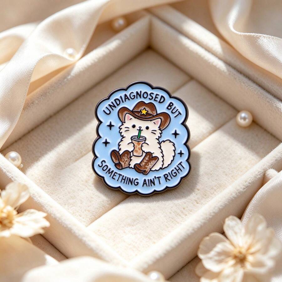 Cute Cartoon Cat Enamel Pin, "Something Ain't Right" Slogan Brooch, Cowboy Style Decor Badge For Backpack Jacket Hat, Lovely Gift For Cat Lovers