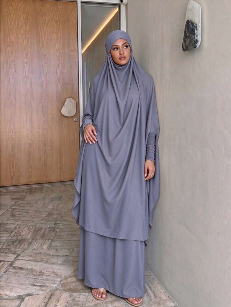 طقم عباية صلاة من قطعتين مع حجاب، أكمام مطاطية، ملابس إسلامية محتشمة للنساء، تغطية كاملة للصلاة - Y-71#رمادي داكن - مشاهدة 4