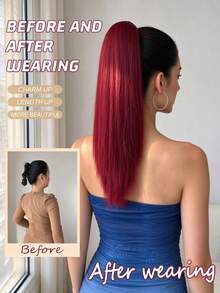 Claw Ponytail Hair Extension, Red, 16 Inch Straight Heat-Resistant Synthetic Fiber Ponytail Wig, Suitable For Women's Daily Use - Burgundy - View 4