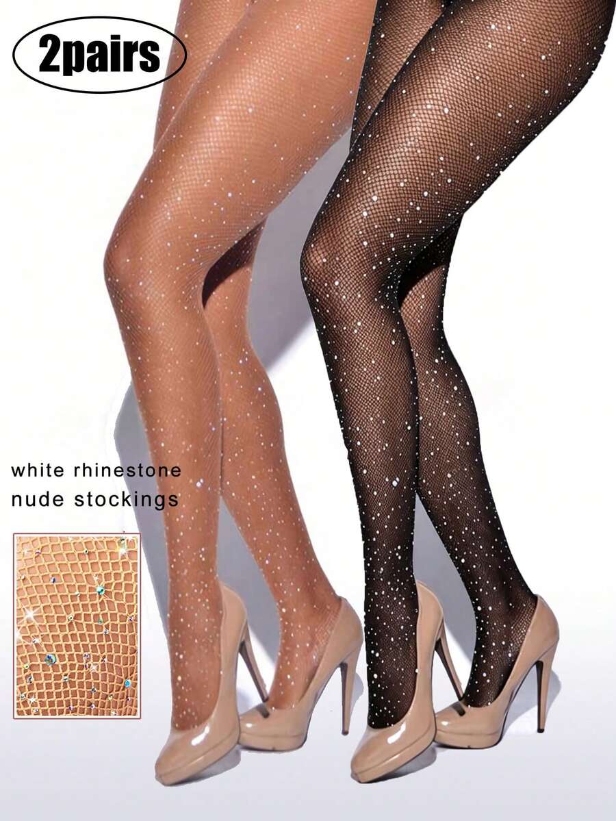 2 Pairs Of Rhinestone Fishnet Stockings - Multicolor - View 1