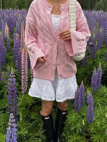 Happyevery Women's Autumn Casual Commute Versatile Soft Knitted Cardigan With Cable Texture In Pink, Suitable For Party, Gathering, Work Commute, Daily Wear, Beach Vacation, Birthday Party, Holiday, Back To School Season - Pink - View 7
