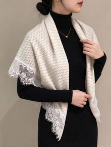 1件女款優雅波點印花方巾，蕾絲流蘇邊軟頭巾，穆斯林端莊頭巾披肩，適合日常、度假與旅行穿著 - 波點 - 查看 8