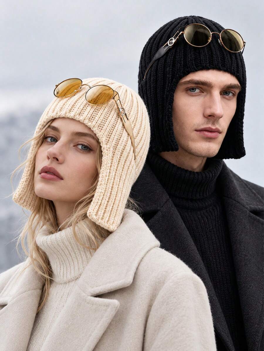 Unisex Thickened Knit Hat With Ear Protection; The Thick, Warm Knit Fabric Features Integrated Ear Flaps To Shield Against Cold Winds. A Versatile Choice For Autumn And Winter, Suitable For Cycling Commutes, Skiing, And Outdoor Activities. - Multicolor - View 1