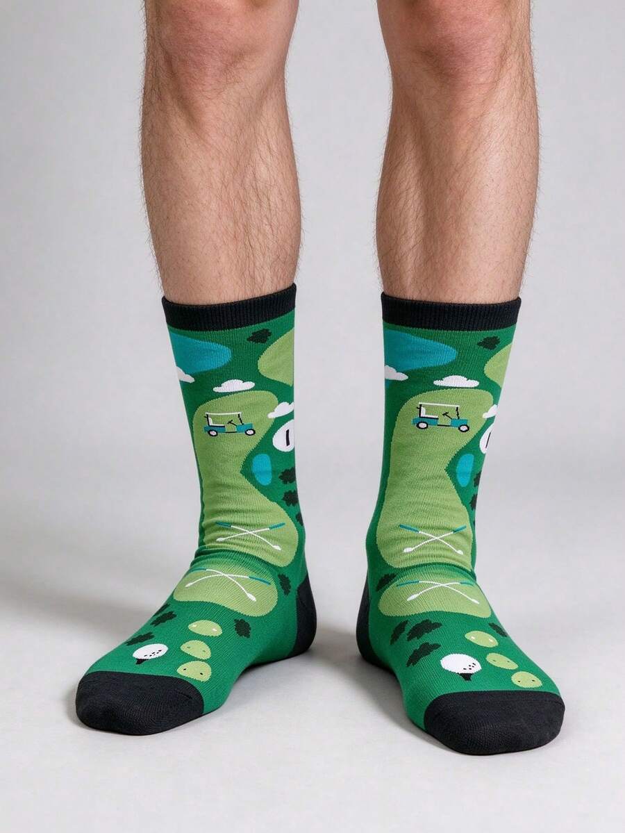 Men's Golf Creative Print Mid-Calf Socks, Fun Golf Course Pattern, Personalized Sports Casual Long Socks - Multicolor - View 1