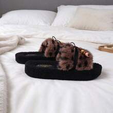 Women's Leopard Print Plush One-Strap Slides, Beaded Bow Decor Open Toe Fuzzy Slippers, Thick Soft Sole Bedroom Warm Slippers Beach Bow Home - Leopard Print - View 5