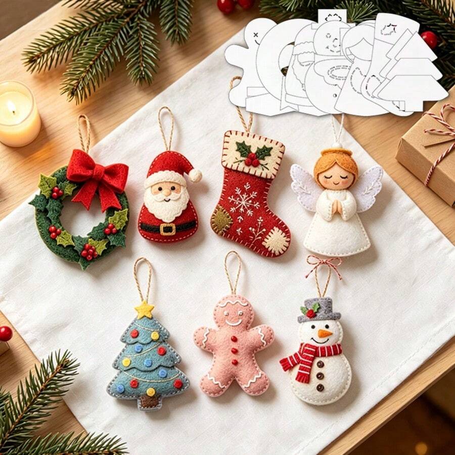 26pcs Christmas Ornaments Set Sewing Template, Includes Sewing Pattern Templates For Santa Claus, Gingerbread Man, Snowman, Christmas Stocking, Wreath, Christmas Tree And Angel, Durable PET Template, Suitable For Christmas Home Decoration