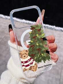 1pc New Acrylic Skin-Feel Transparent Magnetic Christmas Tree & Bow Pattern Phone Case Compatible With Apple 18 17 16 15 14 13 12 11 Pro Max, Suitable As Gift For Friends, Family, Girlfriend, Holiday - Clear - View 4