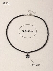 NAIZHU 1件簡約小花吊墜米珠復古串珠項鍊 女款 - 黑色 - 查看 5