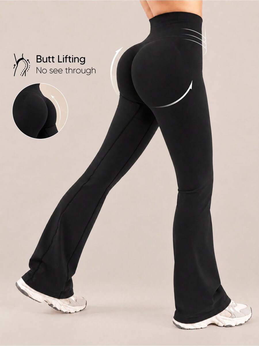 Women's Ribbed Seamless High Waist Flare Yoga Leggings - Black - View 1