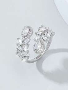 1pc Luxury Leaf & Water Drop Zirconia Open Ring For Women, Multi-Pear Shaped Sparkling Rhinestones Twisted Adjustable Finger Ring, Wedding Banquet Atmosphere Jewelry, Ramadan & Eid Gift - Silver - View 5