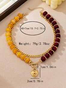 OABE 1pc Bohemian Style Burgundy And Orange Beaded Contrast Design With Metal Chain And Lock Pendant Multi-Layer Necklace For Women, Suitable For Daily Wear - Multicolor - View 5