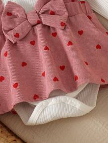 1pc Baby Girl Cute Sweet Long Sleeve Ribbed & Corduroy Patchwork Printed Bodysuit With Headband, Spring/Autumn Thin - Dusty Pink - View 7