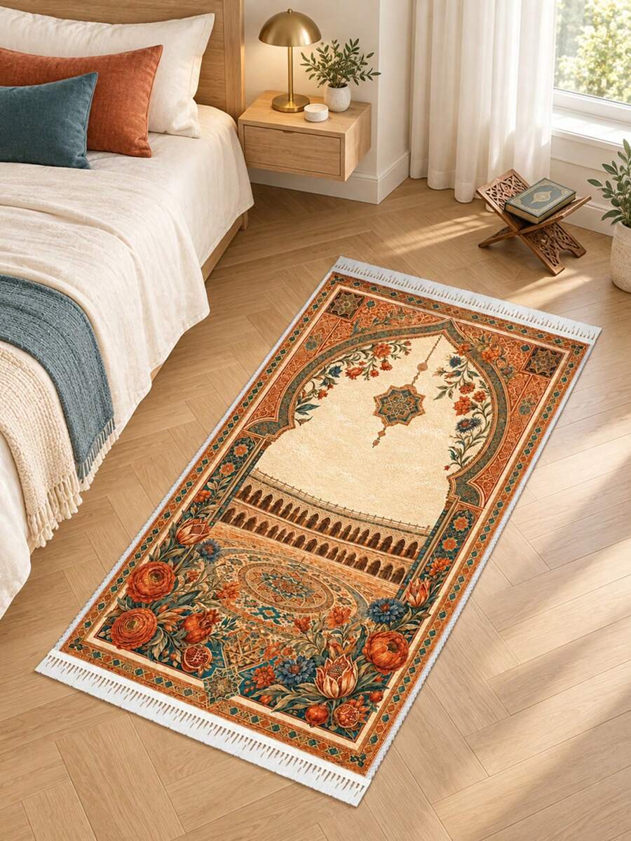 1pc Velvet Printed Ramadan Prayer Mat, Portable Foldable Qibla Blanket, Classic Home Style, Suitable For Ramadan - Orange - View 1