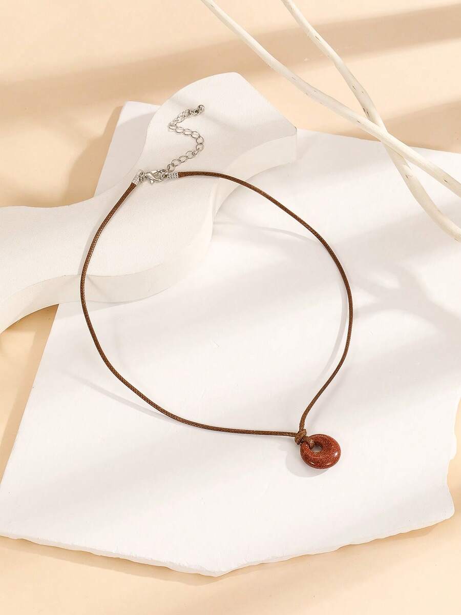 1pc Minimalist Natural Stone Round Peace Buckle Pendant Wax Cord Necklace For Daily Wear - Brown TT1174 - View 1
