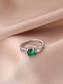 Nooxian 1pc Women's Copper Zirconia Round Emerald Main Stone Bowknot Pave Ring, Daily Accessory Gift - Silver - View 5