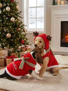 Personalized Dog Christmas Hoodie With Detachable Candy Stripe Scarf, Reindeer Antler Pet Sweatshirt, Customized Name Embroidered Winter Warm Puppy Clothes, Holiday Gift, Suitable For Small Dogs - Multicolor - View 4