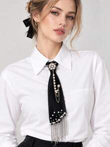Women's Adjustable Tie-Free Necktie With Chain Decoration Bow, College Style Design, Suitable For School Uniform, Office, Party And Daily Wear, Hand Washable - Applicable To Uniform, Casual And Professional Attire - Multicolor - View 4