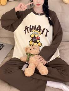 2pcs/Set Women's Pajamas Loungewear, Cute Bear Print Fashion Pullover Round Neck Long Sleeve Cropped Pants Set, Easy Care Fabric - Brown - View 1