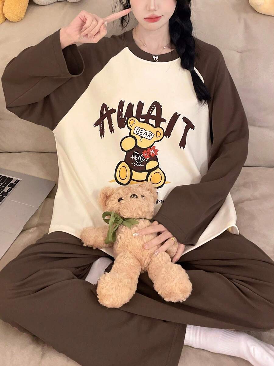 2pcs/Set Women's Pajamas Loungewear, Cute Bear Print Fashion Pullover Round Neck Long Sleeve Cropped Pants Set, Easy Care Fabric - Brown - View 1