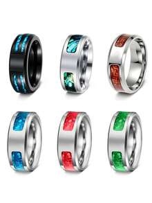 6PCS Stainless Steel Men's Rings, Wood Grain Color Inlay Rings, Men's Jewelry Accessories, Wedding Gift Jewelry, Rings For Daily & Party Wear - 6 Pieces - View 7