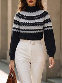 DONICY Women Elegant Half Turtleneck Fair Isle Sweater, Retro Wave Stripe Long Sleeve Cropped Knit Top - Multicolor - View 8