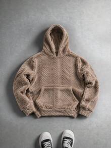 Essential! Light Brown Half-Zip Fleece Sweatshirt, 3D Textured Design + Hooded Style, Streetwear Vibes - Khaki - View 5