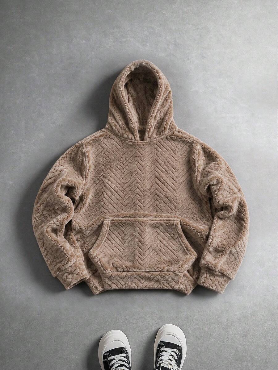 Essential! Áo nỉ fleece nửa khóa kéo màu nâu nhạt, thiết kế vân 3D + kiểu có mũ, phong cách streetwear
