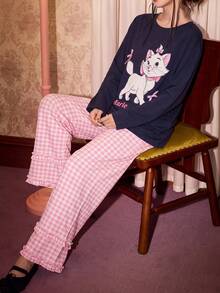 Gongdie 2pcs Disney Marie Women's Pajama Set, Autumn Pink Plaid Soft Cotton Loungewear With Pockets And Ruffle Trim - Royal Blue - View 4