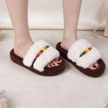 Women's Plush Open Toe Slide Slippers, Colorful Beaded Decor Wide Strap, Thick Platform Sole Warm Fuzzy Home Beach Slippers - Multicolor - View 6