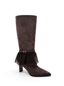 Deep Brown Faux Suede Pointed Toe Chunky Heel Knee-High Boots For Women; Mesh Ruffle Lace Trim With Metal Buckle Strap Decor; Romantic Elegant Vintage Sweet Cool Style; Autumn/Winter; Suitable For Daily Wear, Night Out, Party, Holiday Date And More - Brown - View 3